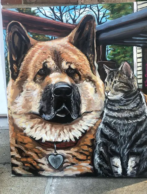 Pet portrait of a large dog and a tabby cat sitting side by side