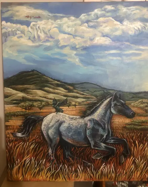Commissioned painting of a gray horse galloping through tall golden grass under big clouds