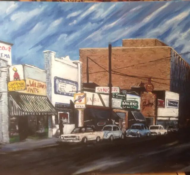 Painting of a Nashville street scene in 1961 with vintage cars and storefront signs